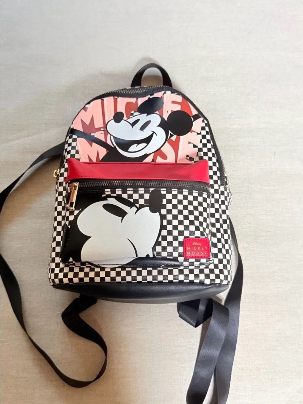 Checkered Mickey Mouse Mini Backpack - Black/White with Red Pocket
